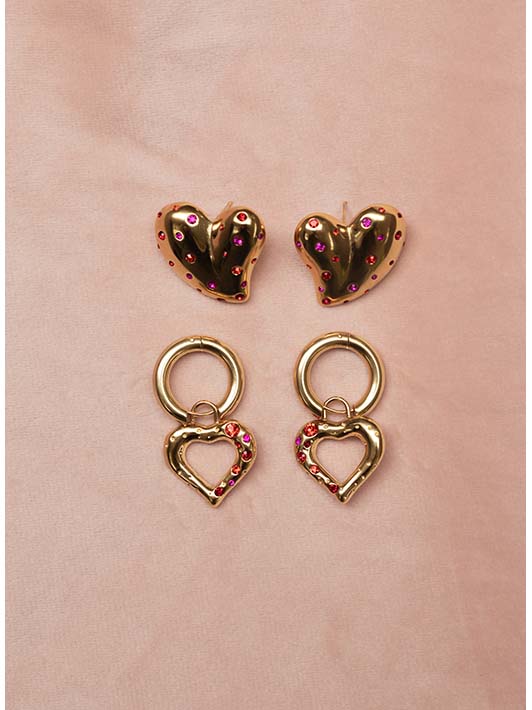 Statement hart studs met gekleurde steentjes