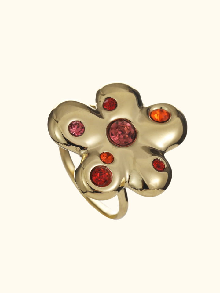 Statement ring met bloem en gekleurde steentjes