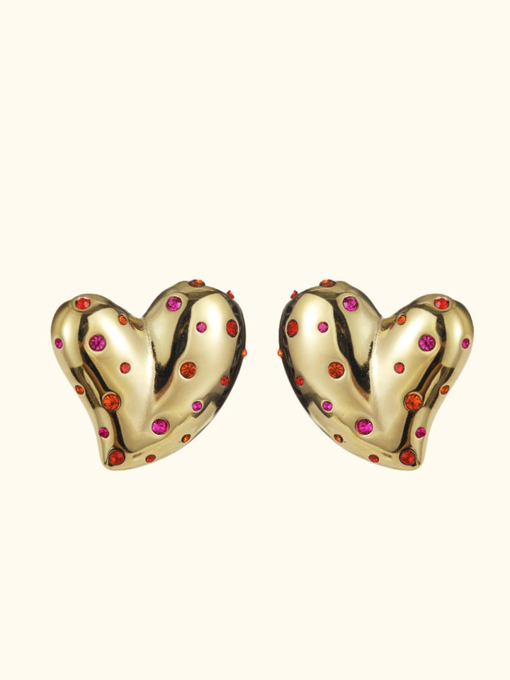 Statement hart studs met gekleurde steentjes